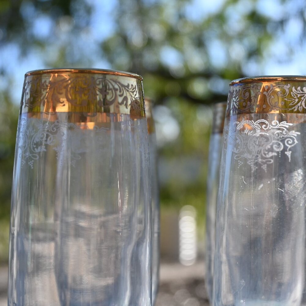 Vintage Cellini Crystal & 24 KT Gold Italian Champagne Flutes #C9n1 Set of 4